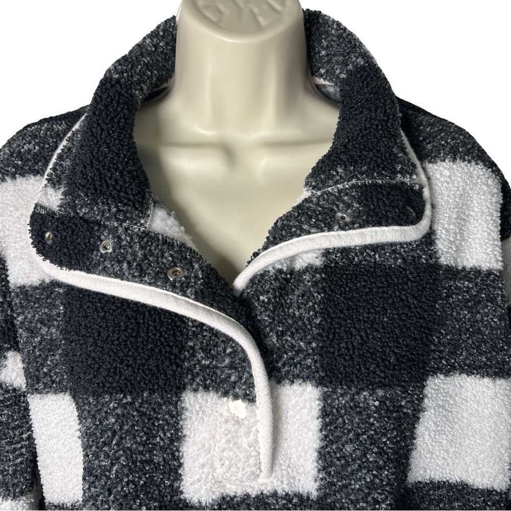 LOFT Buffalo Plaid Sherpa Snap Collar Top Black White Granola Lumberjack SZ S - Picture 2 of 6